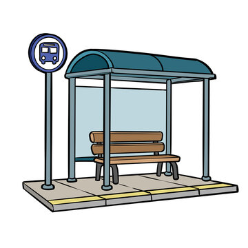 Cute cartoon bus stop building modern shelter with waiting bench and traffic sign urban infrastructure illustration isolated on transparent background
