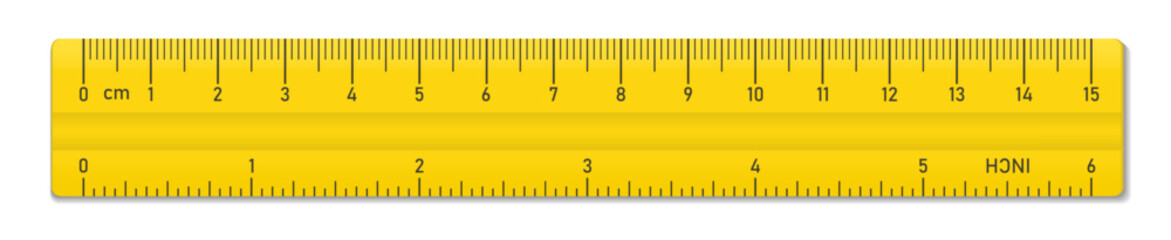 Obraz na płótnie Canvas Yellow realistic horizontal plastic tape ruler isolated on transparent bg. Double sided rulers 15 centimeter and 6 inch scale measurement. Vector png illustration