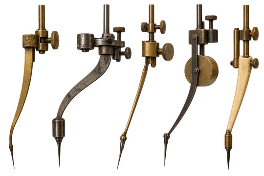 Five antique drawing compasses or dividers on a white background, showing the variety of their designs and precision tools Transparent Background. AI generative