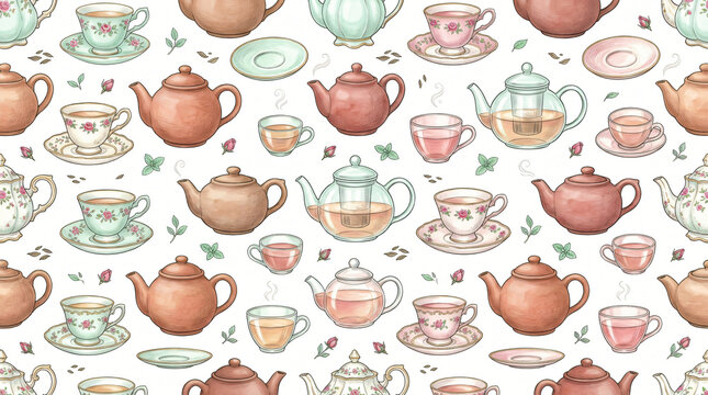 Seamless pattern of hand drawn colored tea cups and teapots with english porcelain teacups clay teapots and glass teaware painted in gentle mint and rose colors on solid white background