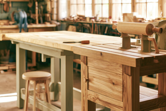 Wooden workbench lathe in bright woodworking workshop with stool, hand tools, natural timber grain, and warm daylight creating calm craft setting