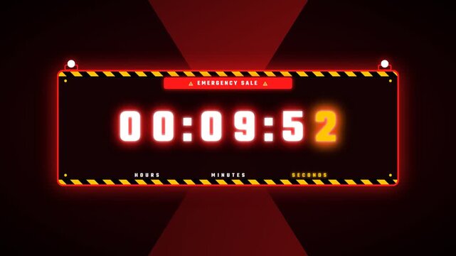 Neon red emergency sale digital countdown timer on black background