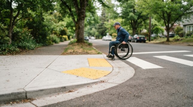 Accessible roadway design with curb ramp, tactile warning tiles, wheelchair slope, and painted crossing at a quiet intersection