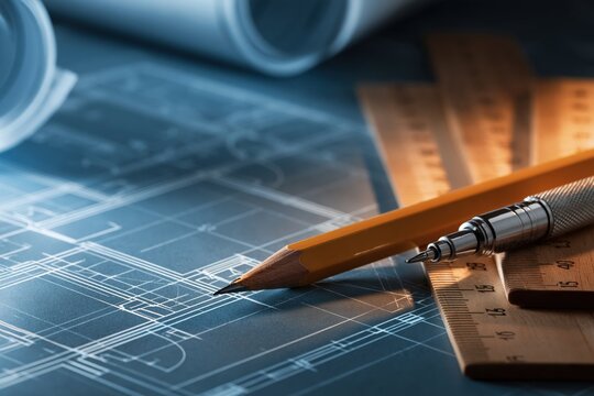 Detailed architectural plans with mechanical pencil and wooden ruler on blueprint paper emphasizing precision in design and construction drafting