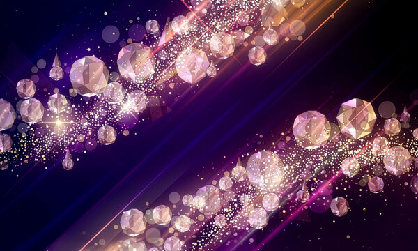 パープルとダークな空間に多面体の宝石や輝く粒子が流れる美しい背景　Beautiful Background Where Polyhedral Gemstones and Glowing Particles Flow in Purple and Dark Spaces