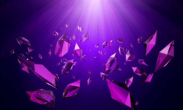 パープル色の光を放つ多面体のクリスタルが空中に浮遊する幻想的な背景　Fantastic Background Where Polyhedral Crystals Emitting Purple Light Float in the Air