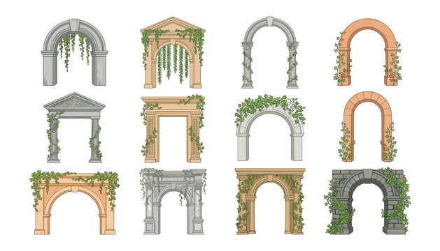 Collection of ancient stone archways and classical architectural portals overgrown with green ivy vines isolated on a white background