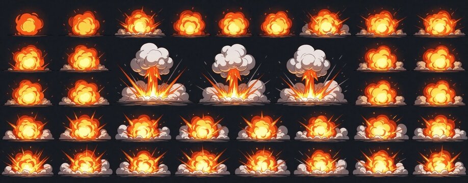 Cartoon explosion animation frames set for game design. Hand drawn comic book boom effect storyboard shows fiery blast with smoke, bright flames. Various stages of bomb burst, atomic energy