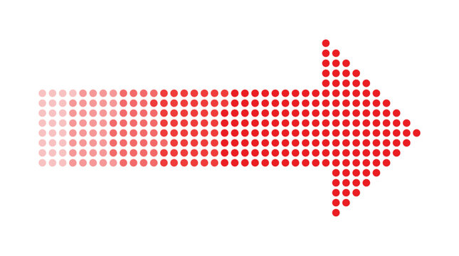 Horizontal arrow composed of red dots, fading from light to dark, isolated on a white background, minimalist