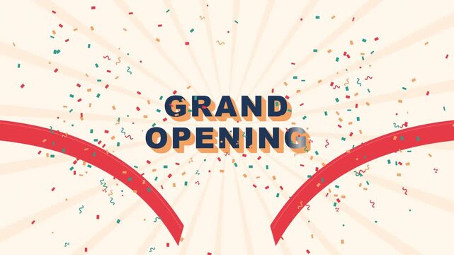 Grand opening red ribbon cut in half with confetti burst and bold long shadow text on cream sunburst background
