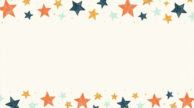 Colorful hand-drawn star pattern border with orange, navy, and teal stars on light background for festive and playful design projects