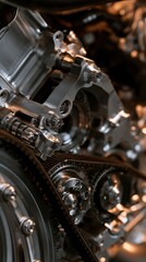 Obraz na płótnie Canvas Detailed view of a modern mechanical engine with visible timing belt and polished metallic components showcasing intricate engineering and precision craftsmansh