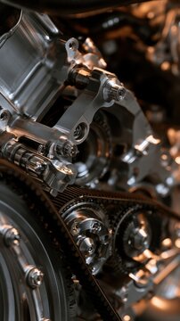 Detailed view of a modern mechanical engine with visible timing belt and polished metallic components showcasing intricate engineering and precision craftsmansh