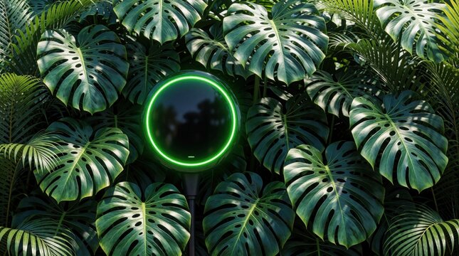 Modern electric vehicle charger sits among tropical monstera leaves. Green glowing ring on smart charging station represents eco friendly energy, sustainable tech. Future city power network uses