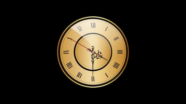 Luxury Vintage Timepiece Motion Graphic with Transparent Alpha.  sophisticated golden analog clock animation featuring ornate hands, Roman numerals, and a classic timepiece appearance. MOV ProRes 4444