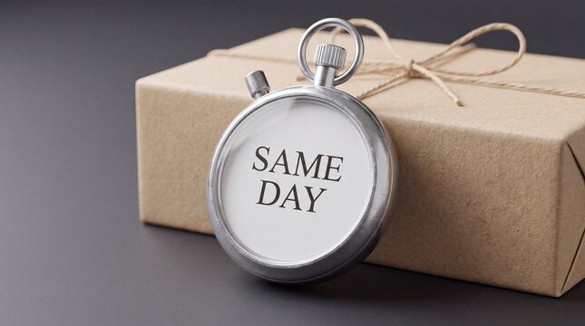 A classic stopwatch showing the text Same Day next to a brown paper parcel, symbolizing express shipping, fast delivery, and logistics efficiency.