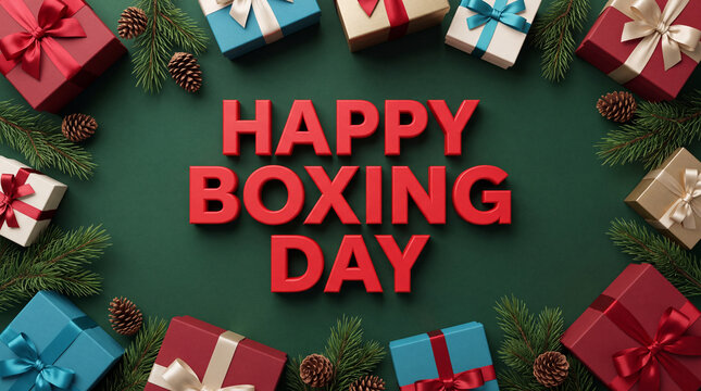 Festive flat lay background with red Boxing Day text surrounded by colorful gift boxes, pine branches, and pinecones on a deep green surface.