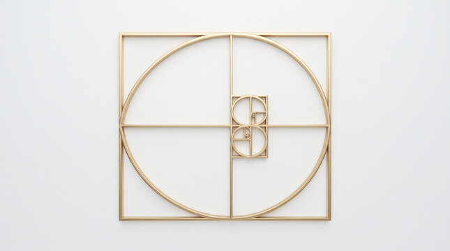 A golden geometric representation of the fibonacci spiral structure isolated on a plain white background with illustrates mathematical proportions metallic frame