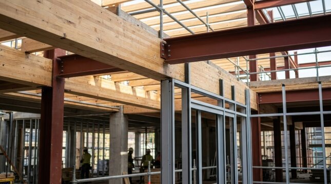 Modern campus building under construction showing exposed cross-laminated timber, structural steel and a glazed atrium frame