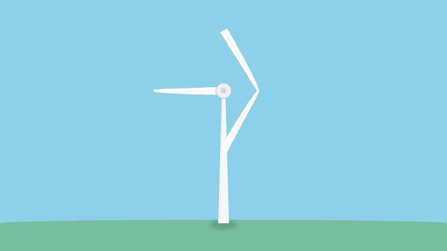 Stylized illustration of a white wind turbine with a bent blade against a blue sky and green ground.