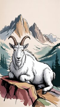 White Mountain Goat Ram Sitting On High Rock Peak Mountain Range Valley Background