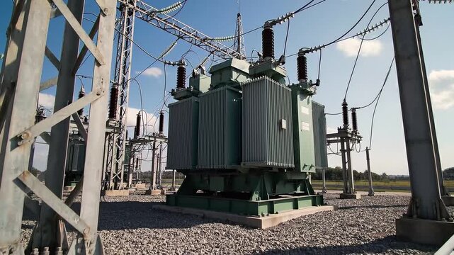 High voltage power transformer at electrical substation