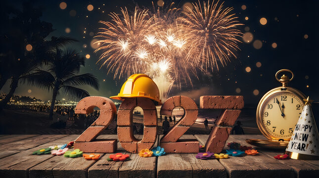 Happy New Year celebration with fireworks and 2017 clock