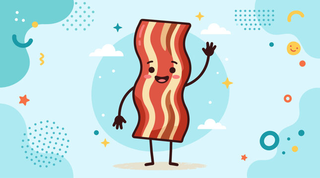 Waving bacon character on a light blue background, flat vector illustration