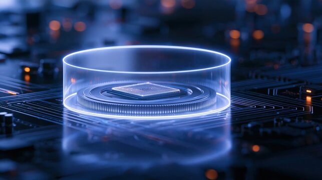 Futuristic glowing microchip encased in a transparent cylindrical shield on detailed circuit board with blue and orange ambient lighting effects