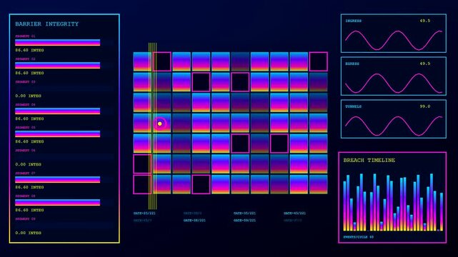 A digital vulnerability scan interface shows oscillating waves and grid maps with neon color gradients on a dark screen monitoring complex security systems for data analysis