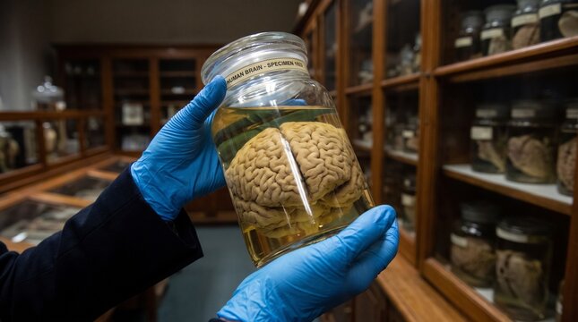 Scientist holding preserved human brain specimen in glass jar inside