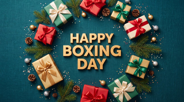 Top view of festive Boxing Day greeting with golden text, wrapped presents, pine branches, pinecones, and ornaments on a dark teal textured background.