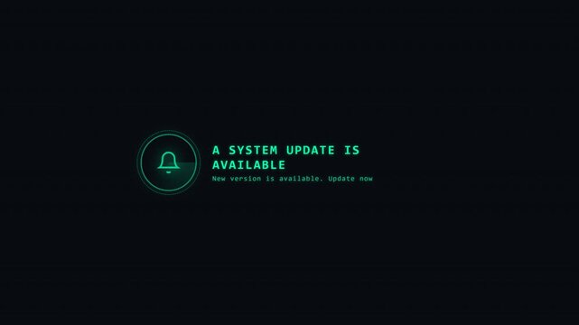 Futuristic HUD interface displaying system update available notification.