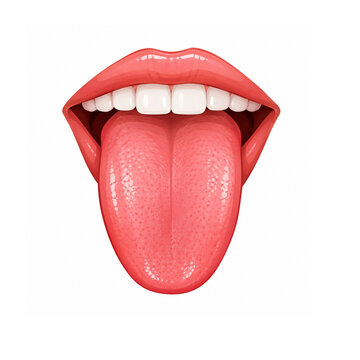 Clean, realistic illustration of an open mouth with glossy coral-pink lips, bright white even teeth, and a healthy pink tongue extended forward, showing natural textured surface with tiny taste buds a
