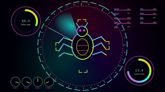 A vulnerability scan interface displays three animated glowing bug icons with changing numerical values and rotating circular graphical radars set against a dark purple digital screen