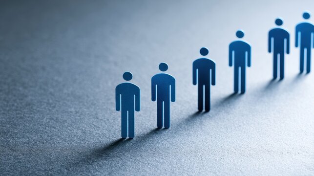 Row of paper cutout human figures casting long diagonal shadows on textured surface representing teamwork and unity concepts