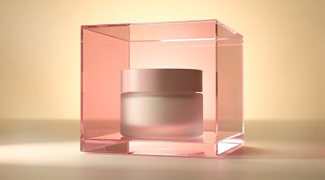 Premium cosmetic cream jar in pink frosted glass container displayed inside a transparent pink acrylic cube on a warm neutral background, luxury skincare product presentation and mockup.