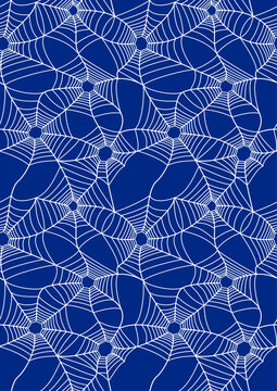 Spider web with spiders on dark blue background, seamless pattern