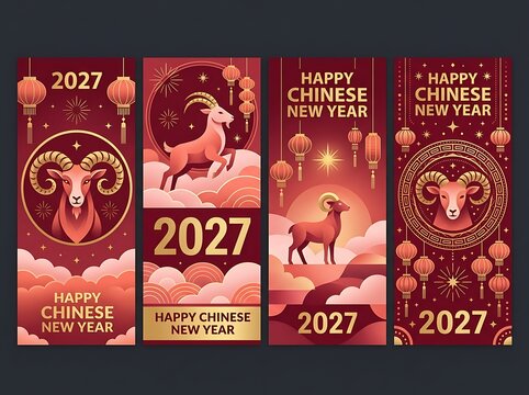 Set of four vertical banners for chinese new year 2027 featuring decorative illustrations of goats and traditional lanterns