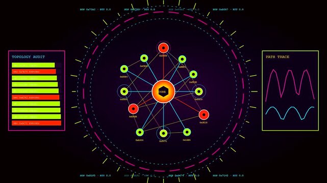A vulnerability scan visualization displays glowing node connections within three circular user interface frames containing fluctuating light waves and red error status bar charts in dark space