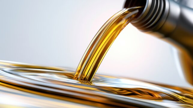 Golden motor oil being poured from a metal container creating smooth ripples and reflections on a glossy surface with a gradient background