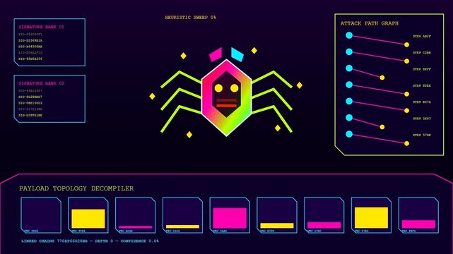 A digital vulnerability scan interface shows glowing spider motifs and colorful bar charts on a dark computer screen while representing complex system data analysis activity