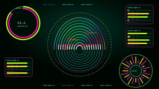 A vulnerability scan visualization displays glowing circular patterns of neon pink and teal data arrays that animate across a dark digital interface during system analysis