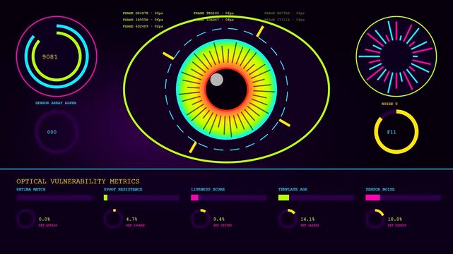 a vulnerability scan visualization showing multiple human eye iris biometric patterns with glowing circular data indicators displayed on a dark interface for digital security monitoring systems
