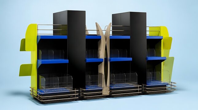 Modern Retail POS Display Stand with Multiple Tiers, Blue Shelves, Black Columns and Lime Green Accents for Store Product Promotion, 3D Rendered Empty Retail Shelf Unit on Light Blue Background