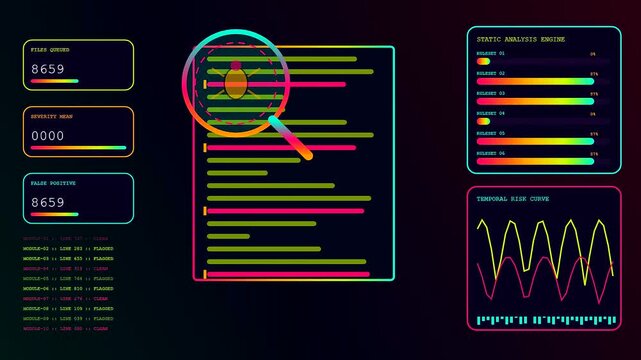 A digital vulnerability scan interface shows code analysis with magnifying glass icons moving across multiple data panels to track system security events in dark software environment