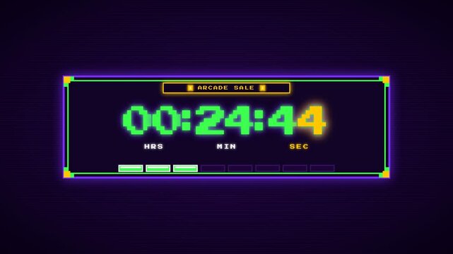 Retro arcade countdown timer with neon digital pixel art interface display