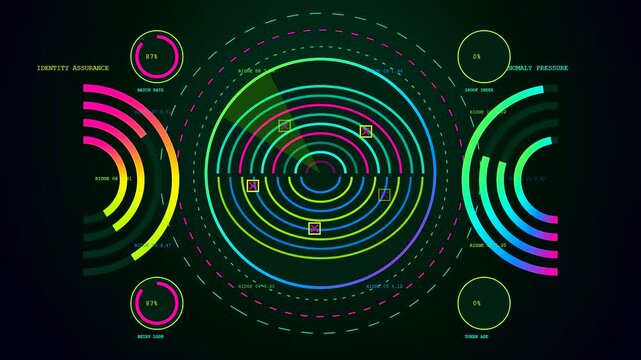 a vulnerability scan displays glowing circular data visualizations with rapid movement of colorful concentric rings across three identical digital screens in a dark room environment