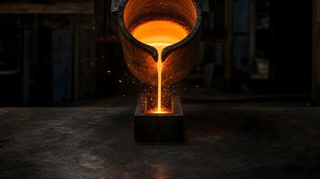 Molten metal pouring from a foundry ladle into a mold with sparks in a dark workshop