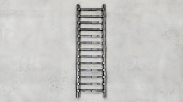 Industrial metal ladder frame mounted flat against a plain concrete wall seen from directly above
